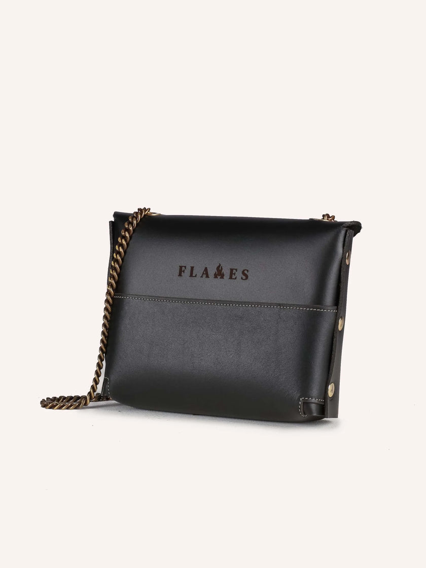 flames crossbody bag handcrafted leather black & white