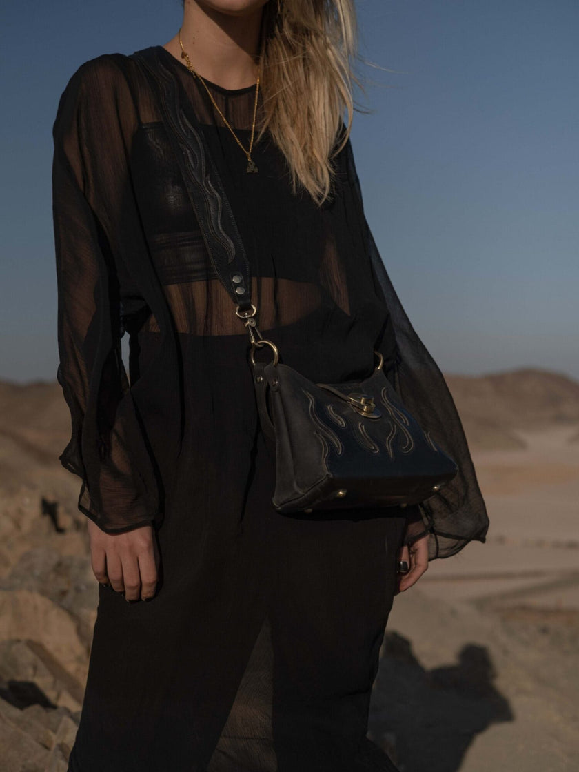 FLAMES handbag all black leather with flames strap