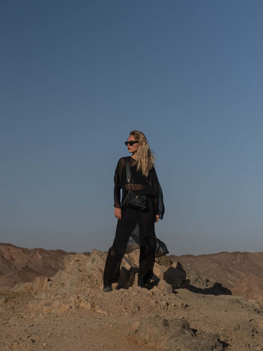 FLAMES leather handbag all black with flames strap