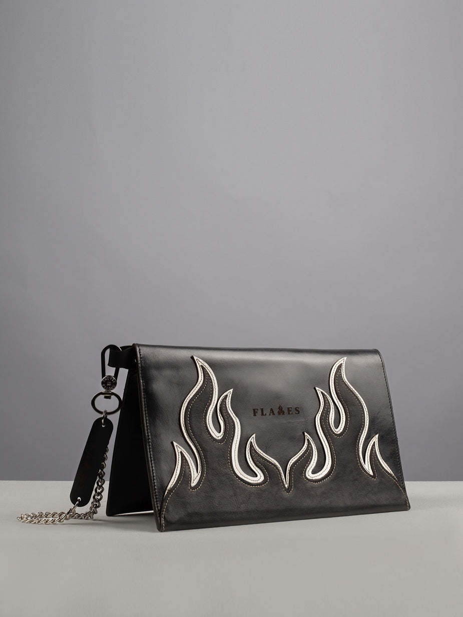 Handcrafted Black & White Flame Clutch: Luxury Leather Elegance