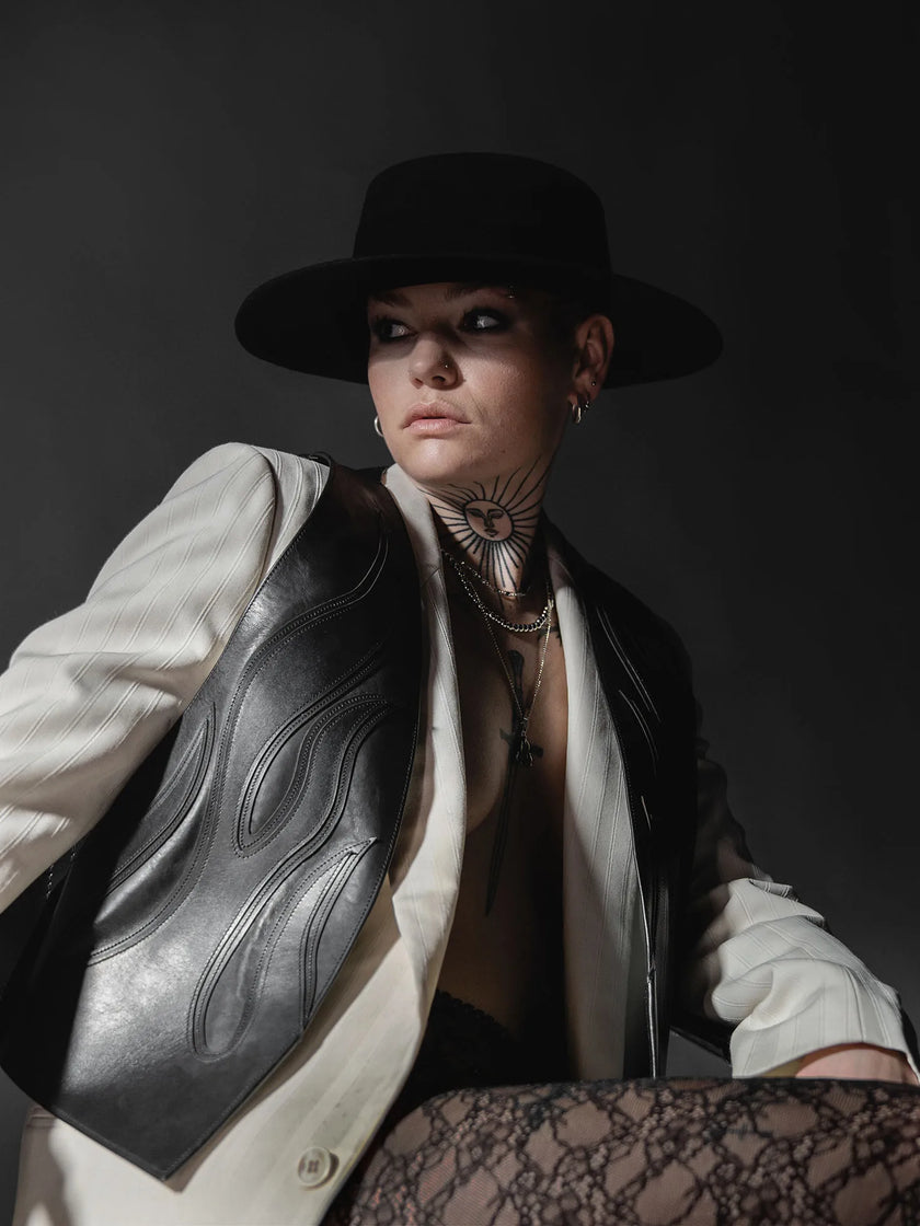 All black leather Flames waistcoat