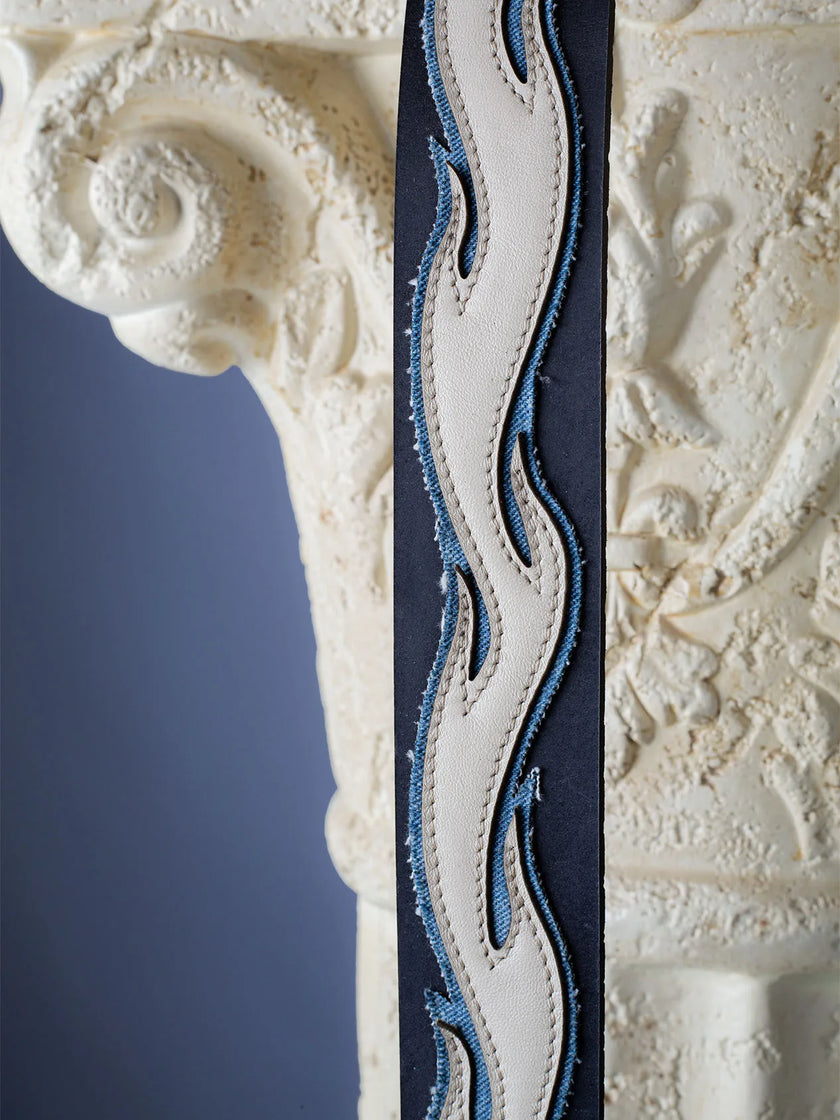 Elevate your style with our Flame Belt, a must-have accessory combining full-grain leather and light washed denim. Handcrafted with precision,