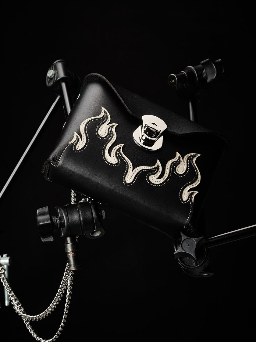 Leather bag black & white crossbody flames