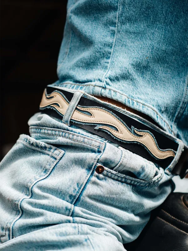 Elevate your style with our Flame Belt, a must-have accessory combining full-grain leather and light washed denim. Handcrafted with precision,