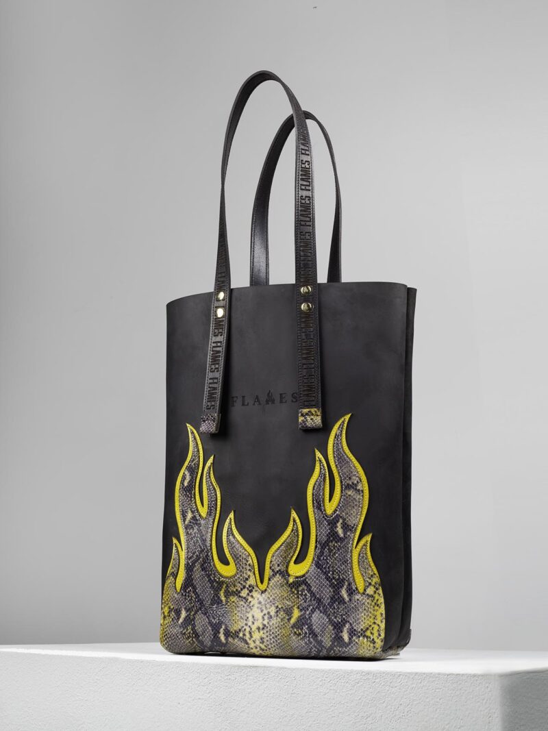 Flames-handmade-leather-bags-front-black-yellow