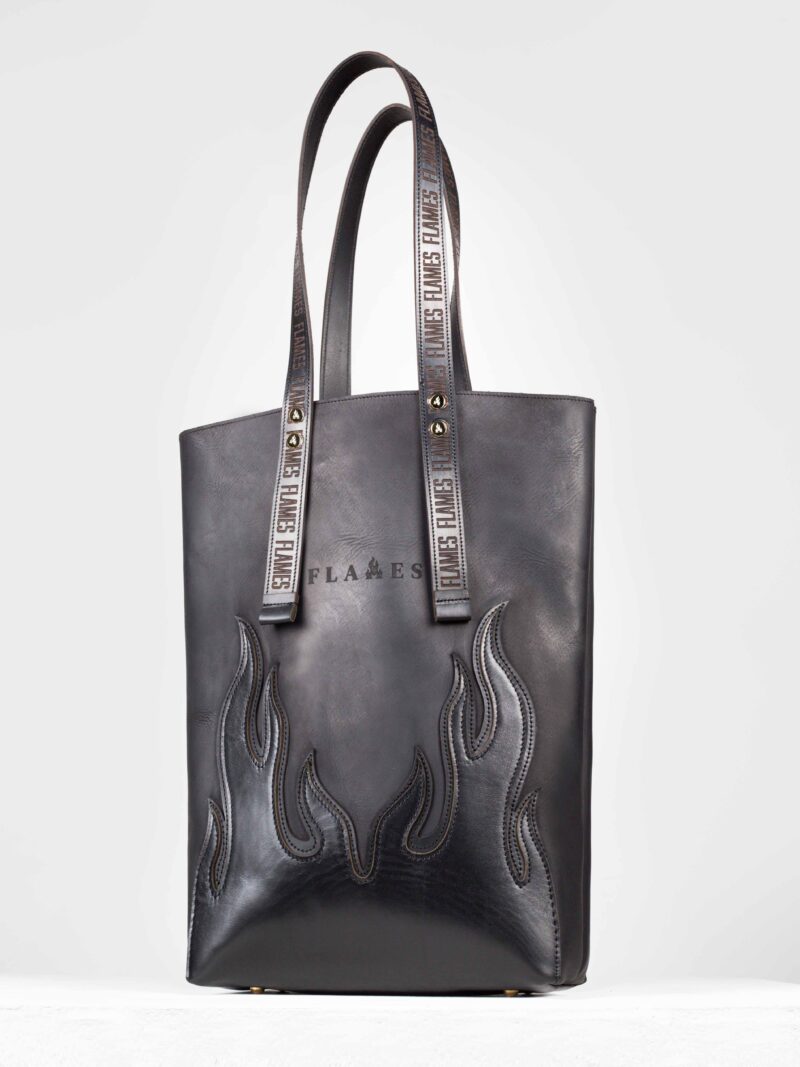 The Black Widow leather shopper side view