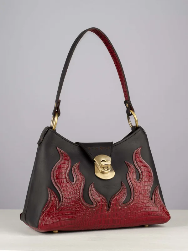 The Burgundy Red Flame handcrafted leather handbag with Flames