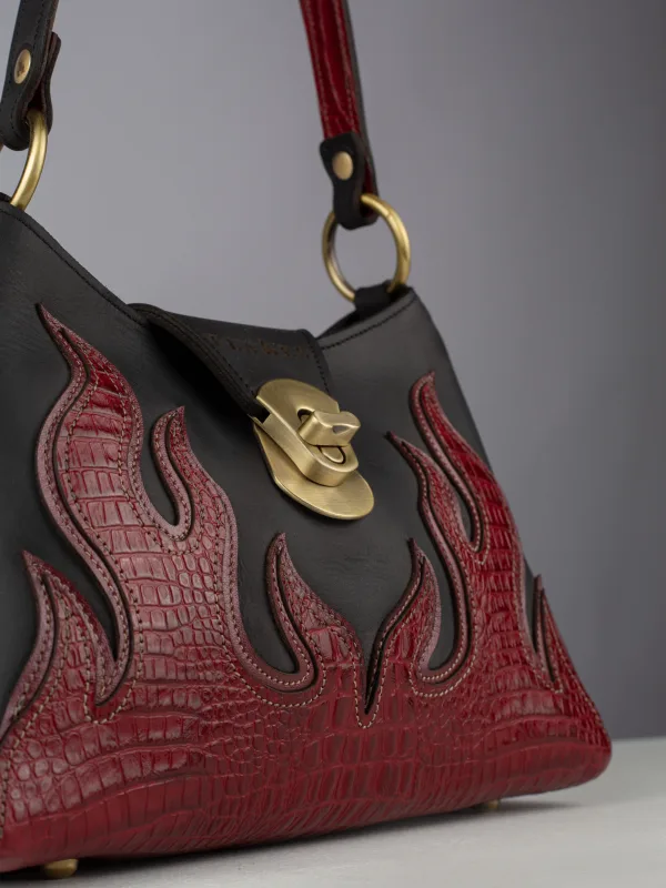 The Burgundy Red Flame handcrafted leather handbag with Flames