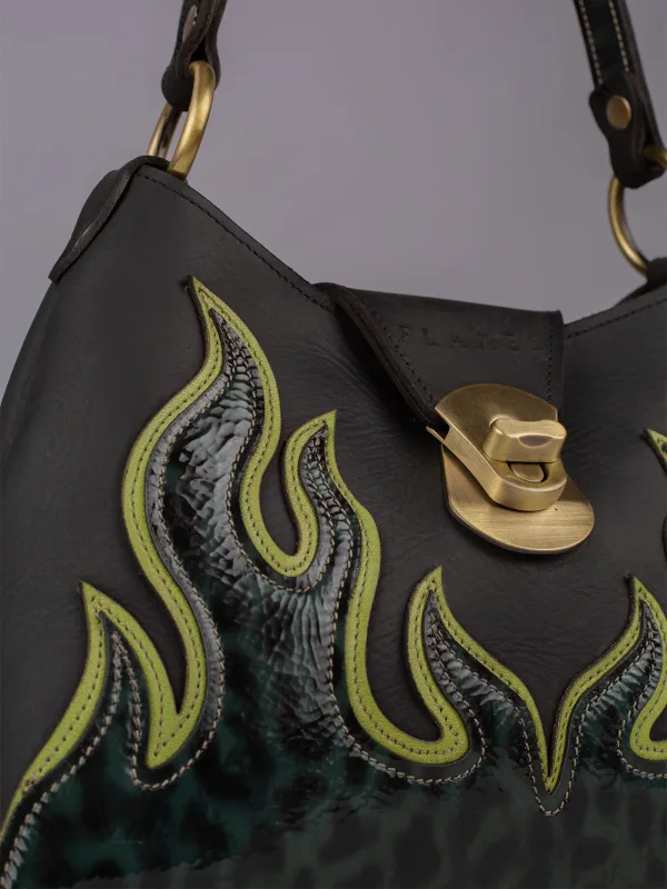 The Leopard Flame handcrafted leather handbag with Flames