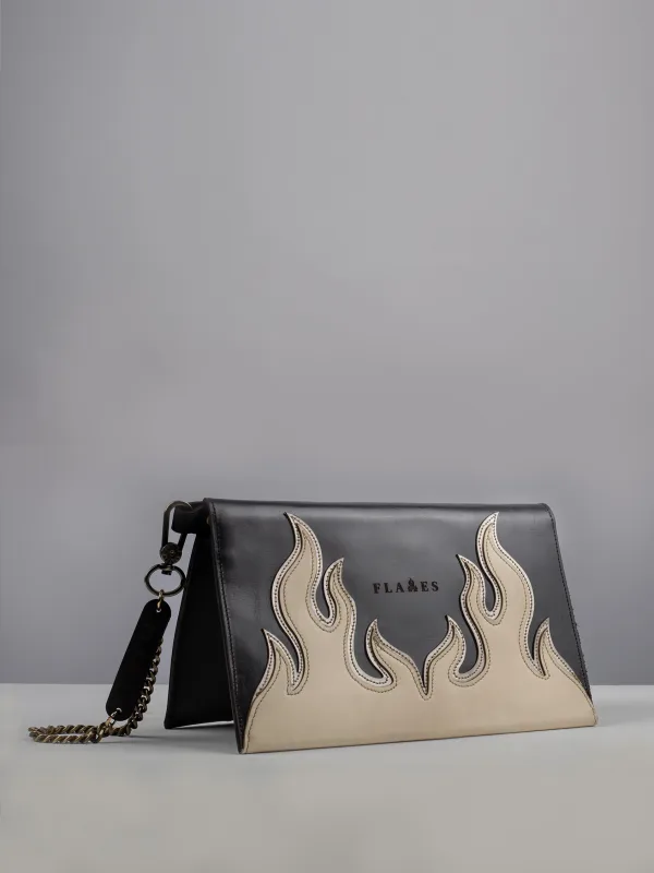 Handcrafted White satin Flame Clutch: Luxury Leather Elegance